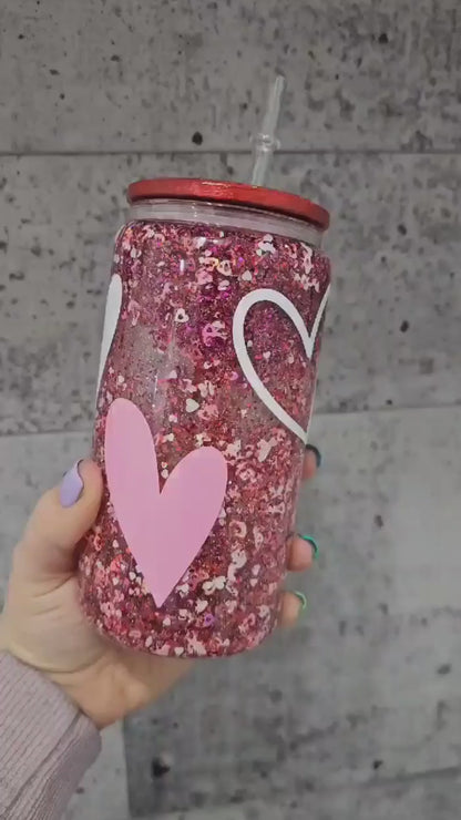 Verre Can Glass Snow Globe 16 oz – Modèle Cœurs & Paillettes Roses 💖✨