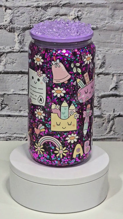 Can Glass 16 oz – Back to School Vibe 📝💜| Snowglobe paillettes